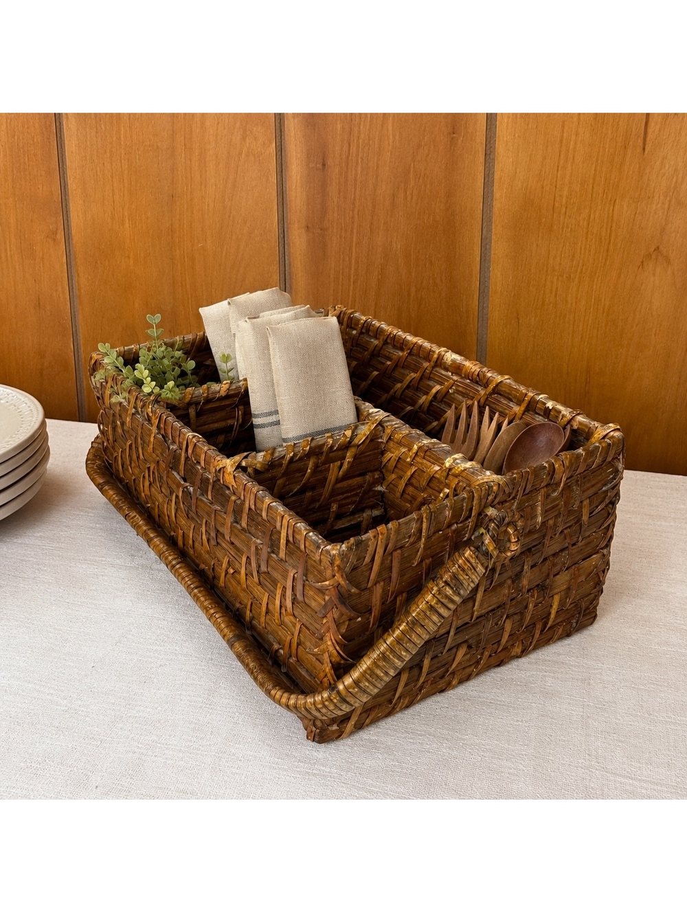 Vintage Woven Wicker Organizer Basket Divided Storage Caddy Rustic Boho Decor